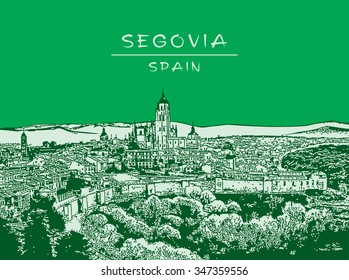 View of old town Segovia (Spain) in green color.
Vector illustration in engraving style.