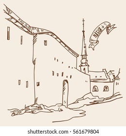 View of the old town. The walls and fortifications of the ancient castle and the spire of the medieval Cathedral in the distance. Vector.