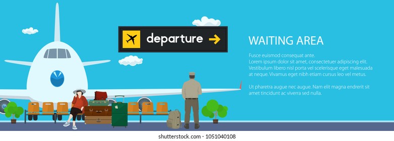 View on a Airplane through the Window from a Waiting Room at the Airport ,Banner of Passengers Waiting for Boarding a Plane, Scoreboard Departures, Passenger Air Transportation, Vector Illustration