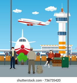 View on Airplanes and Control Tower , Waiting Room at the Airport with Passengers , People Waiting for Boarding a Plane, Travel Concept, Vector Illustration 