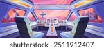 View on alien red planet surface with rock mountains from spaceship cockpit interior with pilot control panel through windows. Cartoon vector futuristic space shuttle navigation center dashboard.