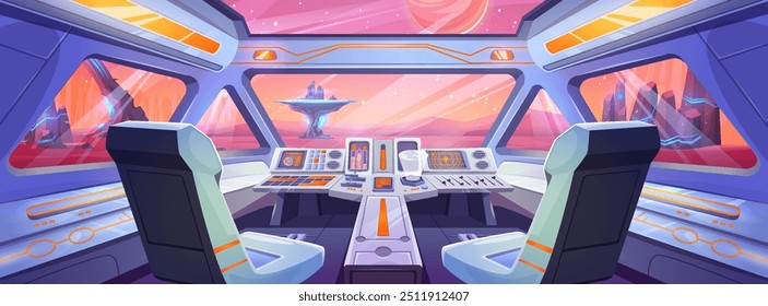 View on alien red planet surface with rock mountains from spaceship cockpit interior with pilot control panel through windows. Cartoon vector futuristic space shuttle navigation center dashboard.