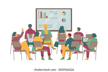 View on backs of young people sitting on chairs and looking on board with charts and graphs. Students on lectures at university auditorium or listeners on business seminar. Vector.