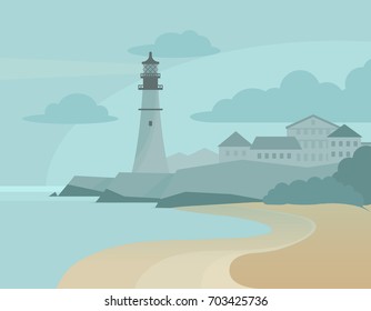 View on beach and lighthouse on rock cape near city. Vector flat illustration.