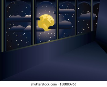 View on a big yellow moon and stars from a balcony.