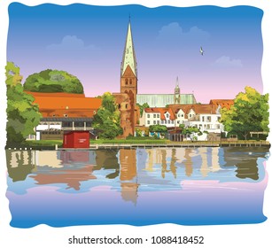 View on Church of St. Mary in Lubeck in Germany. Colorful vector illustration isolated on white background.