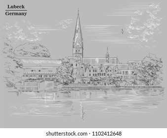 View on Church of St. Mary in Lubeck in Germany. Vector monochrome illustration isolated on grey background.