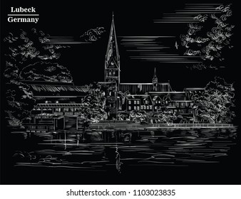 View on Church of St. Mary in Lubeck in Germany. Vector monochrome illustration in white color isolated on black background.