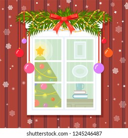 View on a cozy room with furniture and Christmas tree through the festively decorated window. Flat style vector illustration.