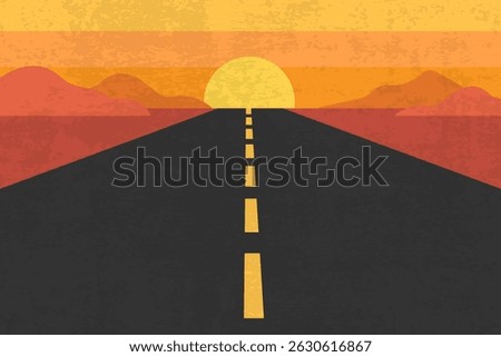 View on the desert road from. Desert road landscape scenery with sunset sky. Vintage design vector illustration in flat style