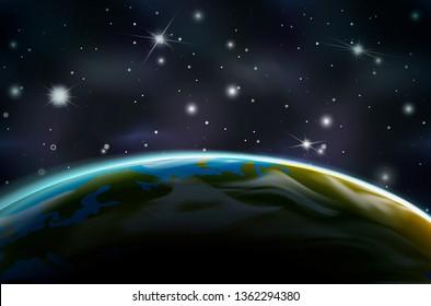 View on Earth planet from orbit on night side on deep space background with bright stars and constellations