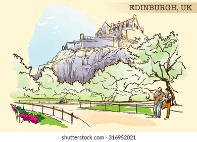View on the Edinburgh Castle from the nearby park. Edinburgh, UK. Painted sketch imitating ink pen drawing above blurry watercolor. EPS10 vector illustration.