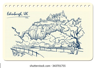 View On The Edinburgh Castle From The Nearby Park. Edinburgh, UK. Sketch Imitating Ink Pen Scribbling In A Notepad. EPS10 Vector Illustration.