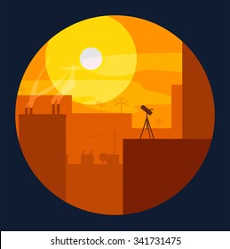 View on evening city / Before we look at the stars through a telescope