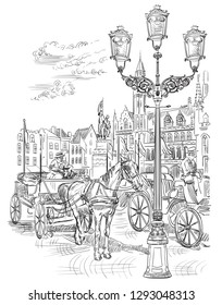 View on Grote Markt square in medieval city Bruges, Belgium. Landmark of Belgium. Horses, on market square in Bruges. Vector hand drawing illustration in black color isolated on white background.