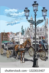 View on Grote Markt square in medieval city Bruges, Belgium. Landmark of Belgium. Horses, carriages and lanterns on market square in Bruges. Colorful vector engraving illustration.