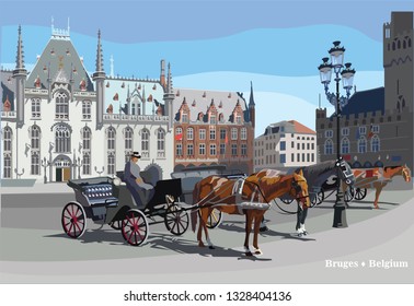 View on Grote Markt square in medieval city Bruges, Belgium. Landmark of Belgium. Horses, carriages and lanterns on market square in Bruges. Colorful vector illustration.