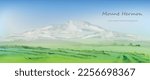 A view on a Hermon mountain. Vector nature illustration. Watercolor art, fields and meadows with mountains in the horizon. Warm summer view of Israel landscape.