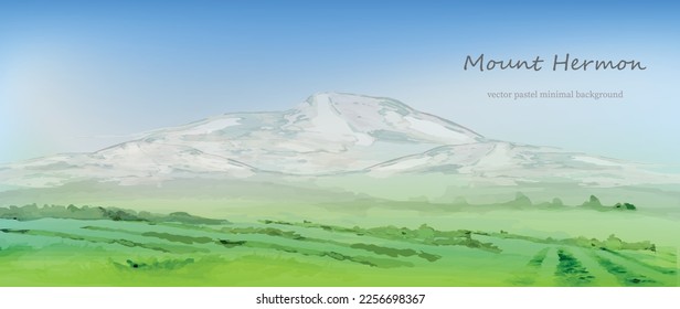 Una vista sobre la montaña de Hermon. Ilustración de la naturaleza del vector. Arte acuarela, campos y prados con montañas en el horizonte. Cálida vista de verano del paisaje de Israel.