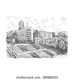 View on the historical square from the dam on Iset river in the center of Ekaterinburg, Russia. Sketch by hand. Vector illustration