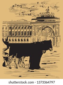 View on horses and carriages, The Arch of Triumph on Palace Square in St. Petersburg, Russia. Landmark of St. Petersburg. Isolated vector hand drawing illustration in black color on brown background.