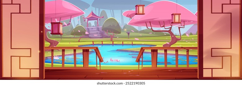 Vista al jardín japonés con árboles de Sakura rosados desde el interior de la casa con terraza de madera y valla. Vector de dibujos animados verano tradicional oriental parque de primavera con flor de cerezo, estanque y templo en las piedras.