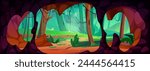 View on jungle from inside cave with stone walls and stalactites. Cartoon vector landscape of summer rain forest with trees and liana vines through cavern hole entrance. Prehistoric underground grotto