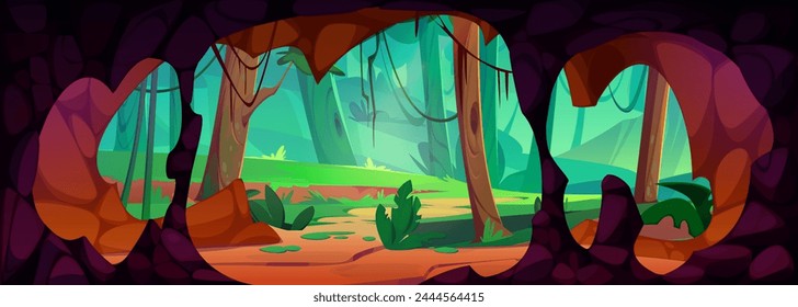 View on jungle from inside cave with stone walls and stalactites. Cartoon vector landscape of summer rain forest with trees and liana vines through cavern hole entrance. Prehistoric underground grotto