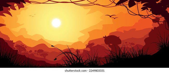 a view on jungle landscape at sunset