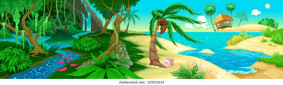 View on the jungle and sea. Vector illustration