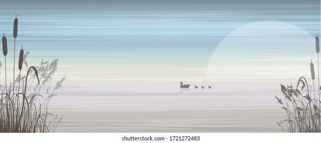 View on lake with landscape, reeds in the foreground and a duck on the water.Vector illustration.