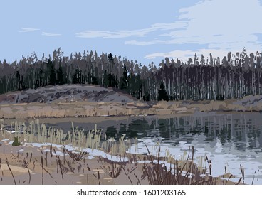 View on the lake and the mixed forest outside of St. Petersburg. Vector landscape