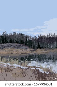 Vistas al lago y al bosque mixto fuera de San Petersburgo. Paisaje vectorial