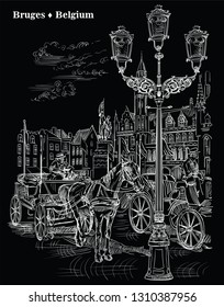 View on Landmark Grote Markt square in medieval city Bruges, Belgium. Horses, carriages,  lanterns on market square in Bruges. Vector engraving illustration in white color isolated on black background