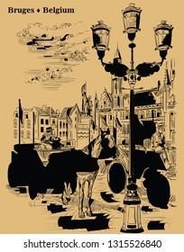 View on Landmark Grote Markt square in medieval city Bruges, Belgium. Horses, carriages on market square in Bruges. Vector engraving illustration in black color isolated on beige background.