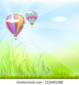 View on the landscape with balloon flying in the sky on the meadow and under a blue sky with clouds - vector illustration eps 10