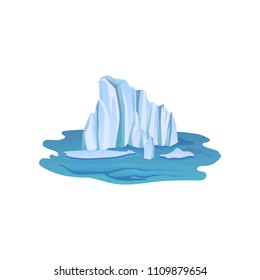 View on large blue iceberg floating freely in open water. Arctic landscape element for mobile game. Flat vector design
