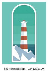View on lighthouse in the night ocean illustration poster
