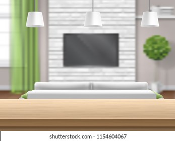 View on living room with sofa and tv through the wooden bar table. Bright interior.  Living room with sofa tv and wooden bar table. Vector image with blur, defocus effect.