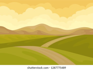 View on long ground road, green meadows and brown hills. Beautiful natural landscape. Flat vector design