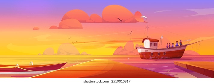View on men and teen kids tourists on fishing boat from wooden pier deck on sunrise or sunset. Family or friends trip on yacht. Cartoon vector sea or river landscape with passengers on ship.