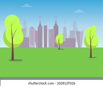 View on modern city from green park, color poster vector illustration with tree and road silhouettes of skyscrapers with solar batteries and windmills