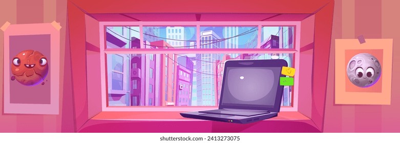 Vista de la ciudad moderna a través de la ventana de una acogedora habitación con ordenador portátil en el ventanal y fotos en la pared. Interior vectorial de caricatura con computadora portativa en una gran abertura de vidrio y paisaje urbano detrás de ella.