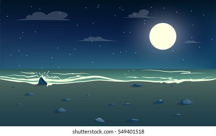 view on moon at the beach.Sea panorama. Cartoon vector illustration