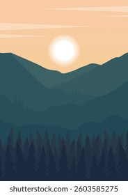 View on morning mountains with sunrise poster. Aesthetic minimalist Swiss pine tree forest. Springtime