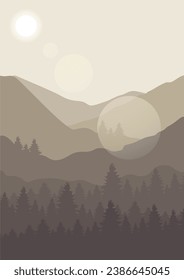 View on mountains with flying birds poster print. Aesthetic minimalist fog forest