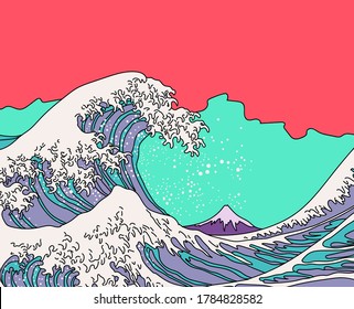 View on ocean's crest leap toward the sky. Stylized vector line art illustration Vaporwave Pop Art style.