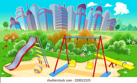 View on the playground with city. Vector cartoon illustration