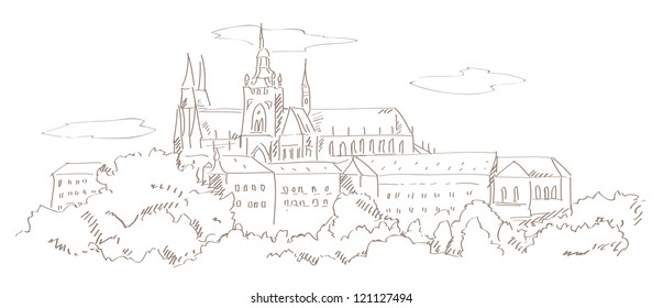 view on Prague and St. Vitus cathedral hand drawing style vector