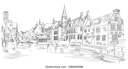 View on Rozenhoedkaai water canal in Bruges, Belgium. Landmark of Belgium. Vector hand drawing illustration in black color isolated on white background.